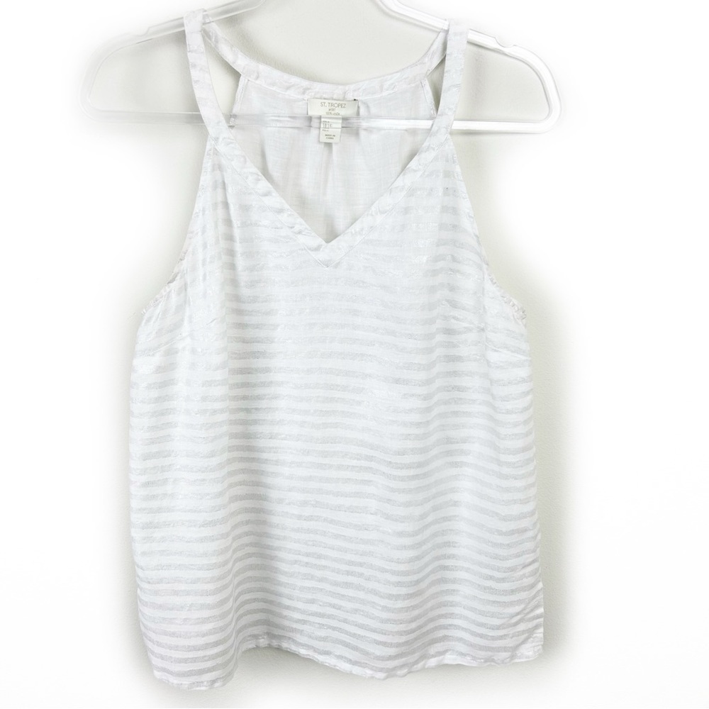 St. Tropez West 100% Linen Women's white and silver metallic linen v-neck tank